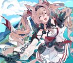  1girl :d absurdres angelina_(arknights) angelina_the_mellow_wish_(arknights) animal_ear_fluff animal_ears arknights black_collar black_gloves black_hairband breasts brown_hair chinese_commentary closed_eyes cloud collar commentary_request cowboy_shot detached_sleeves dress facing_viewer fox_ears fox_girl gloves hair_between_eyes hairband hand_up highres infection_monitor_(arknights) littlefishtold long_hair long_sleeves multicolored_hairband open_mouth pleated_dress sky smile solo twintails two-tone_hairband very_long_hair white_dress white_sleeves 