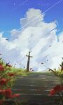  blue_sky cloud cloudy_sky contrail day flower grass highres horizon no_humans notaxuaxi original outdoors painterly planted planted_sword poppy_(flower) scenery sky stairs sword weapon 
