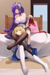  2girls absurdres bare_shoulders bedroom black_pantyhose blonde_hair braid braided_ponytail breasts brown_eyes bustier cleavage genshin_impact highres holding holding_clothes holding_footwear indoors large_breasts leg_lock looking_at_another luai lumine_(genshin_impact) multiple_girls no_shoes pantyhose pout purple_eyes purple_hair raiden_shogun smile soles white_pantyhose yuri 