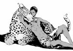  1boy aomine_daiki commentary_request greyscale jaguar knees_up kuroko_no_basuke leaning_on_animal male_focus mayo_(lovesmaru) monochrome motion_lines nipples pectorals short_hair solo tail tail_wagging toned toned_male topless_male usekh_collar white_background 