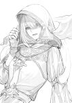 1girl absurdres bangs bob_cut eyes_visible_through_hair final_fantasy final_fantasy_xiv fingerless_gloves gloves greyscale hair_over_one_eye hand_up highres hood hood_up hooded_robe jewelry looking_at_viewer monochrome nail_polish nymeia ring robe shixiuosamu short_hair simple_background sketch smile solo upper_body white_background 