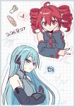  2girls ahoge aqua_eyes aqua_hair aqua_necktie aqua_trim baguette bare_shoulders black_shirt black_sleeves blush bread character_name collared_shirt commentary cropped_torso dated detached_sleeves dot_nose double-parted_bangs drill_hair fingernails food grey_shirt grid_background hair_between_eyes hair_down hair_ornament hatsune_miku head_on_hand headset heart highres holding holding_hair_ornament kasane_teto kasane_teto_(utau) long_hair looking_at_viewer multiple_girls nail_polish necktie red_eyes red_hair red_nails red_trim shirt sidelocks signature sketch sleeveless sleeveless_shirt smile split_mouth spoken_heart spoken_squiggle spring_onion squiggle sweatdrop twin_drills utau vocaloid vs0mr w wing_collar 