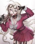  1girl a_(user_cxnx7374) absurdres antenna_hair barbed_wire black_choker blonde_hair blue_eyes breasts choker commentary_request cowboy_shot danganronpa_(series) danganronpa_v3:_killing_harmony fingerless_gloves gloves goggles goggles_on_head grey_eyes hair_between_eyes highres iruma_miu large_breasts long_hair long_sleeves open_mouth shirt skirt smile teeth tongue tongue_out 