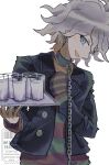 1boy :d baa_runrun black_jacket chain collar collarbone commentary_request danganronpa_(series) danganronpa_another_episode:_ultra_despair_girls glass grey_eyes grey_hair hair_between_eyes highres holding holding_tray jacket komaeda_nagito long_sleeves looking_at_viewer male_focus medium_hair messy_hair metal_collar milk open_clothes open_jacket open_mouth servant_(danganronpa) shirt simple_background smile solo striped_clothes striped_shirt tray 