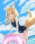  1girl animal_ears arknights arknights:_endfield black_one-piece_swimsuit blonde_hair blush breasts chinese_commentary cloud cloudy_sky commentary day derivative_work fingernails highres looking_at_viewer medium_hair navel one-piece_swimsuit open_mouth orange_eyes outdoors ribu_(pixiv_26601178) rossi_(arknights) sidelocks sky small_breasts solo swimsuit tail water wet wolf_ears wolf_girl wolf_tail 