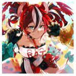 1girl abstract_background animal_ear_fluff animal_ears artist_name asymmetrical_sleeves black_gloves black_hair black_streaks blue_eyes bow breasts cheese choker claw_pose collarbone commentary detached_sleeves dice dice_hair_ornament double-parted_bangs english_commentary food gloves hair_between_eyes hair_ornament hakos_baelz hakos_baelz_(1st_costume) halftone hololive hololive_english key light_smile looking_at_viewer medium_breasts midriff mouse_ears mouse_girl mouse_tail multicolored_hair multicolored_skirt paint red_hair skirt spiked_choker spikes streaked_hair stuffed_toy tail tail_bow tail_ornament twintails uneven_twintails virtual_youtuber white_hair yamishinofficial 