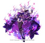  1girl aura belt black_boots black_cape black_corset black_gloves black_pantyhose black_wings blush boots breasts cape cleavage closed_mouth commentary_request corset dark_aura dark_persona dress female_robin_(fire_emblem) female_robin_(grima)_(fire_emblem) female_robin_(grima)_(resplendent)_(fire_emblem) fire_emblem fire_emblem_awakening fire_emblem_heroes gloves kyusoukyu long_hair long_sleeves medium_breasts official_alternate_costume official_art pantyhose possessed purple_dress red_belt red_eyes simple_background smile solo twintails white_hair wings 