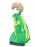  1girl badge bob_cut button_badge commentary english_commentary green_eyes green_jacket highres jacket light_smile miniskirt needbee_r persona persona_4 satonaka_chie short_hair simple_background skirt solo standing tomboy track_jacket white_background 