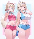  2girls absurdres animal_ear_fluff animal_ears bandaid bandaid_hair_ornament bare_arms blonde_hair blue_eyes blue_hairband blue_shorts blue_streaks bottle breasts commentary crop_top crossed_bangs dog_ears dog_girl dog_tail double-parted_bangs earphones english_commentary fake_horns fuwawa_abyssgard hair_between_eyes hair_intakes hair_ornament hairband hairclip highres holding holding_bottle hololive hololive_english horn_hairband horns large_breasts long_hair low_ponytail midriff mococo_abyssgard multicolored_hair multiple_girls navel o-rindou5100 open_mouth parallel_hairclips pink_eyes pink_hairband pink_shorts pink_streaks pink_tank_top ponytail short_hair short_shorts shorts siblings sisters small_breasts sports_bra standing streaked_hair tail tank_top towel towel_around_neck twins two_side_up virtual_youtuber white_sports_bra wiping_sweat x_hair_ornament 