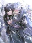  2boys 2others ahoge aiguillette armor baggy_pants belt black_belt black_boots black_hair black_hat black_jacket black_pants black_tabard blue_cape blue_sash blush boots breastplate buttons cape carrying carrying_person chain closed_eyes closed_mouth commentary covered_eyes crossed_bangs day diamond_button eye_mask feet_out_of_frame floating_cape floating_clothes fur-trimmed_cape fur_trim gauntlets genshin_impact gold_chain grey_pants hair_between_eyes half-closed_eyes hat helmet highres jacket jeieyeart long_sleeves looking_at_another male_focus mask military military_jacket military_uniform mitya_(genshin_impact) multiple_belts multiple_boys multiple_others outdoors pants peaked_cap piggyback purple_eyes sash short_hair shoulder_armor sky snowing soldier sweat tabard untranslatable_commentary v-shaped_eyebrows valeriy_(genshin_impact) wavy_hair wavy_mouth white_armor white_mask white_sky winter 