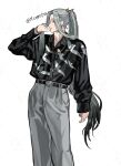  1boy alternate_costume arm_at_side belt black_belt black_hair black_shirt blue_eyes braid chain chain_bracelet chain_necklace closed_mouth commentary_request copiki_017 cowboy_shot crane_print curtained_hair gradient_hair grey_hair grey_pants hair_lift half_up_braid hand_up high_ponytail highres himetsuru_ichimonji_(touken_ranbu) jewelry long_hair long_sidelocks long_sleeves looking_at_viewer male_focus multicolored_hair necklace pants parted_bangs ponytail print_shirt profile ring shirt shirt_tucked_in side_braid sidelocks sideways_glance simple_background solo standing thumb_ring touken_ranbu twitter_username very_long_hair white_background wing_collar 