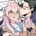  !? 1boy 1girl ahoge arm_around_shoulder blue_archive blue_sailor_collar blush bow bowtie braid bright_pupils brown_jacket cellphone closed_eyes commentary dated english_commentary english_text full-face_blush green_eyes green_hair hair_bow halo hanako_(blue_archive) happy_birthday hetero highres holding holding_phone jacket kissing_head long_hair open_mouth phone pink_bow pink_bowtie pink_hair pink_halo sailor_collar sailor_shirt scar scar_on_face scar_on_forehead sensei_(blue_archive) shirt short_hair single_braid smartphone speech_bubble spoken_interrobang sweatdrop tegami_(kch7683) trembling white_bow white_pupils white_shirt 