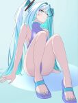  1girl arm_support blue_background blue_eyes blue_hair blue_nails breasts collarbone commentary_request full_body hatsune_miku highres leotard long_hair nail_polish purple_leotard root_hosi sitting slippers solo toenail_polish toenails turtleneck turtleneck_leotard very_long_hair vocaloid 