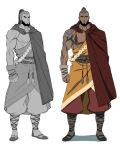  1boy avatar_aang:_the_last_airbender avatar_legends baggy_pants beard buzz_cut cape concept_art dark-skinned_male dark_skin facial_hair full-body_tattoo full_body head_tattoo highres ki_hyun_ryu male_focus mature_male multiple_views muscular muscular_male official_art orange_robe pants pectorals ponytail red_cape red_pants reference_sheet robe short_hair simple_background solo tagah tattoo thick_beard very_short_hair white_background 