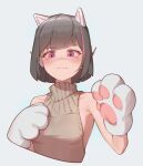  1girl animal_ear_headphones animal_ears animal_hands asakura_neko backless_sweater blush brown_hair brown_sweater cat_ear_headphones cat_ears chinese_commentary commentary_request cropped_torso cytus cytus_ii fake_animal_ears gloves grey_background headphones highres looking_at_viewer multicolored_hair paw_gloves pawpads pink_eyes pink_hair short_hair simple_background sleeveless sleeveless_turtleneck solo streaked_hair sweater trove turtleneck white_gloves 