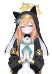  1girl absurdres animal_ear_headwear animal_ears aqua_neckerchief armlet black_veil blue_archive blue_eyes blush braid cat_ears cat_girl chinese_commentary commentary_request dress flower halo hands_up hat hat_flower highres interlocked_fingers jewelry long_hair long_sleeves looking_at_viewer mari_(blue_archive) neckerchief nun orange_hair sailor_collar side_braid simple_background smile solo split_mouth trinity_general_school_logo upper_body veil white_background white_dress white_flower white_sailor_collar xingyun_fankic yellow_halo 