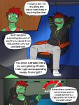  alligator alligatorid anthro bottomwear clothed clothing comic crocodilian dialogue diego_abel english_text footwear fully_clothed fuze gamer_chair hands_behind_head hi_res hoodie male pants reptile scalie sitting socks solo texnatsu text topwear 