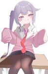  1girl blush chest_jewel commentary desk english_commentary flat_chest gem highres hololive hololive_english jewel_under_eye koseki_bijou long_hair long_sleeves looking_at_viewer multicolored_hair neckerchief necktie on_desk panties panties_under_pantyhose pantyhose pantyshot pleated_skirt purple_eyes purple_gem purple_hair red_necktie sailor_collar school_desk school_uniform shironekoshi shirt simple_background skirt sleeves_past_fingers sleeves_past_wrists smile solo striped_clothes striped_panties sweater tongue tongue_out underwear very_long_hair virtual_youtuber white_background white_sailor_collar white_shirt 