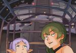  2girls aviation_obstruction_lighting bare_shoulders black_choker cairo_station choker double-parted_bangs elf frieren green_eyes green_hair halo_(series) halo_2 highres kanokoga long_hair longsword_(halo) looking_up marathon-class_heavy_cruiser military military_vehicle multiple_girls parted_lips pointy_ears purple_eyes pursed_lips raised_inner_eyebrows scene_reference short_eyebrows side_ponytail sidelocks signature sousou_no_frieren space space_station spacecraft spacecraft_interior star_(sky) starfighter ubel_(sousou_no_frieren) white_hair window 