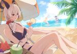  3girls absurdres alternate_costume arata_(user_jjxc7843) bare_shoulders bikini black_bikini black_horns breasts chair commentary cup curled_horns drinking_glass earrings female_rover_(wuthering_waves) food fruit fruit_cup hair_between_eyes halterneck highres holding holding_cup horns jewelry key_earrings large_breasts lounge_chair multicolored_hair multiple_girls navel ocean outdoors parted_lips phoebe_(wuthering_waves) red_eyes rover_(wuthering_waves) sitting smile solo_focus stomach streaked_hair swimsuit watermelon watermelon_slice wuthering_waves zani_(wuthering_waves) 