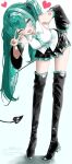  1girl :d ;d bad_id bad_pixiv_id boots commentary_request demon_tail full_body hatsune_miku heart heart_tail highres looking_at_viewer miniskirt necktie one_eye_closed shirt shirubaa shoulder_tattoo skirt sleeveless sleeveless_shirt smile solo standing tail tattoo thigh_boots twintails v vocaloid white_background 