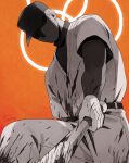  1boy add-on_(off) baseball_bat baseball_uniform belt blood blood_on_clothes blood_on_weapon commentary_request greyscale_with_colored_background highres holding holding_baseball_bat holding_weapon long_sleeves male_focus metal_baseball_bat off_(game) orange_background outstretched_arm pants seikoo_caffeine shaded_face short_hair solo sportswear the_batter_(off) very_short_hair weapon 