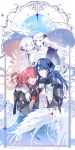  2girls :d ;d absurdres ambience_synesthesia arknights black_gloves black_horns black_jacket blue_eyes blue_hair chinese_commentary closed_mouth commentary_request demon_horns detached_wings exusiai_(arknights) exusiai_the_new_covenant_(arknights) fingerless_gloves gloves halo heart highres horns index_finger_raised jacket lamia_oh long_hair long_sleeves looking_at_viewer medium_hair mostima_(arknights) mostima_(ethereal_harmony)_(arknights) multiple_girls multiple_views official_alternate_costume one_eye_closed one_side_up open_mouth red_hair shirt smile spoken_heart traditional_halo upper_body white_shirt wings yellow_eyes 