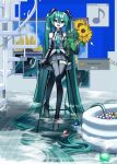  1girl aqua_hair aqua_necktie ball ball_pit bare_shoulders black_boots black_skirt boots bouquet chair commentary crossed_bangs cursor detached_sleeves eighth_note flower full_body grey_shirt hair_between_eyes hatsune_miku highres holding holding_bouquet long_hair looking_at_viewer musical_note necktie on_chair open_mouth pleated_skirt re_deepseadrops shirt sitting skirt sleeveless sleeveless_shirt solo spiral_staircase stairs sunflower thigh_boots twintails very_long_hair vocaloid window_(computing) 