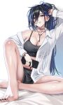  1girl ayase_yuu ayase_yuu_(2nd_costume) bed_sheet black_choker black_hair black_nails black_shorts black_sports_bra blue_eyes blue_gem blue_streaks bracelet breasts cellphone choker collared_shirt commentary_request double-parted_bangs dress_shirt ear_piercing earrings gem hand_in_own_hair high_ponytail highres holding holding_phone jewelry long_bangs long_hair looking_at_viewer maximum_pamyu midriff multicolored_hair multiple_bracelets multiple_rings nail_polish necklace on_bed parted_lips phase_connect phone piercing ponytail ring see-through_clothes see-through_shirt shadow shirt short_shorts shorts single_bare_shoulder single_earring sitting smartphone solo sports_bra streaked_hair teeth toenail_polish toenails very_long_hair virtual_youtuber white_background white_shirt 
