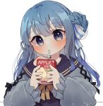  1girl apple_juice bangs blue_eyes blue_hair blue_sailor_collar blush drink drinking drinking_straw hair_between_eyes hair_bun hair_ribbon holding holding_drink hololive hoshimachi_suisei juice_box long_hair long_sleeves looking_at_viewer neck_ribbon off_shoulder ribbon sailor_collar sailor_shirt sera_(mikimoooopic) shirt simple_background single_hair_bun solo upper_body virtual_youtuber white_background yellow_ribbon 