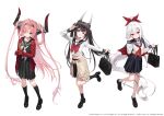  3girls ame_(uten_cancel) azur_lane bag black_hair black_sailor_collar black_serafuku black_shoes black_skirt black_socks bow bowtie closed_mouth clothes_around_waist commentary_request full_body hair_between_eyes hand_up hatsuzuki_(azur_lane) high_ponytail highres holding holding_bag horns jacket kneehighs loafers long_hair long_sleeves looking_at_viewer merchandise_available midriff multiple_girls neckerchief official_art one_eye_closed parted_lips pink_hair ponytail prinz_rupprecht_(azur_lane) red_bow red_bowtie red_eyes red_jacket sailor_collar school_bag school_uniform serafuku shirt shoes simple_background skirt smile socks standing standing_on_one_leg tongue tongue_out twintails v-shaped_eyebrows vampire_(azur_lane) very_long_hair white_background white_hair white_neckerchief white_shirt white_socks 