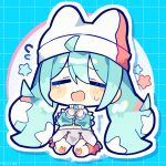  1girl absurdres ahoge blue_border blush_stickers border chibi chibi_only closed_eyes commentary crop_top cropped_jacket double-parted_bangs full_body green_hair green_jacket grid_border hair_between_eyes hands_up hat hatsune_miku highres jacket long_hair long_sleeves midriff miniskirt navel open_mouth outside_border polka_dot polka_dot_background pppp_(vocaloid) red_socks round_border shoes sidelocks sitting skirt socks solo star_(symbol) tears twintails very_long_hair vocaloid white_background white_hat white_shoes white_skirt ysaster02 