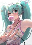  1girl aqua_eyes aqua_hair aqua_nails blowing_bubble_gum cable chewing_gum collarbone commentary earphones hair_ornament hairclip hatsune_miku highres holding holding_mp3_player jewelry keipup long_hair looking_at_viewer mp3_player nail_polish necklace print_shirt shirt simple_background sleeveless sleeveless_shirt solo star_(symbol) star_hair_ornament star_necklace twintails v very_long_hair vocaloid white_background 
