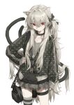  1girl animal_ears asymmetrical_legwear bag black_bow bow cat_ears cat_girl cat_tail choker closed_mouth commentary cowboy_shot crossed_bangs flat_chest frills grey_hair hair_between_eyes hair_bow hand_on_own_hip highres jacket jewelry long_hair long_sleeves looking_at_viewer messy_hair miniskirt mismatched_legwear multiple_tails naruto_maki_(naruto05) necklace original plaid_clothes plaid_skirt pleated_skirt polka_dot red_eyes shoulder_bag simple_background skirt solo spiked_choker spikes striped_clothes striped_thighhighs tail thigh_strap thighhighs track_jacket two_tails white_background 