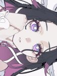  1girl alternate_hairstyle bare_shoulders black_hair bow bright_pupils columbina_(genshin_impact) commentary_request eyelashes feathered_wings fingernails genshin_impact gradient_hair hair_ornament hand_on_another's_face hands_up head_wings highres lips long_hair looking_at_viewer muguet_ill multicolored_hair multiple_wings pink_hair purple_eyes sidelocks simple_background solo teeth two-tone_hair unfinished very_long_hair white_background white_bow white_pupils wings wrist_bow x_hair_ornament 