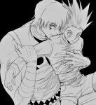  2boys age_difference bandaged_arm bandages belt belt_buckle black_background blush buckle closed_mouth commentary earrings facial_mark fingernails gon_freecss grabbing_from_behind greyscale highres hisoka_morow hunter_x_hunter jacket jewelry long_sleeves lxxyll male_focus monochrome multiple_boys onii-shota sharp_fingernails shirt short_hair shorts sleeveless sleeveless_shirt spiked_hair star_(symbol) star_facial_mark untranslatable_commentary yaoi 
