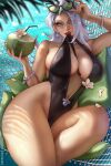  1girl adjusting_eyewear animal_ear_eyewear bare_legs beach black_cat_(coastal_cat)_(marvel) black_cat_(marvel) black_one-piece_swimsuit bracelet breasts chest_tattoo coconut coconut_cup eyewear_on_head felicia_hardy fingernails fruit_as_cup green-tinted_eyewear green_nails hammock highleg highleg_one-piece_swimsuit highres huge_breasts jewelry long_fingernails marvel marvel_rivals mouth_hold necklace official_alternate_costume olchas on_hammock one-piece_swimsuit pearl_bracelet pearl_necklace sharp_fingernails solo spider-man_(series) sunglasses swimsuit tattoo thighs tinted_eyewear untied_swimsuit wet white_hair 