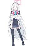  1girl absurdres black_hairband blue_archive blue_necktie bright_pupils commentary double-parted_bangs doyagao full_body hair_between_eyes hairband halo highres im_fisk jacket kei_(blue_archive) kei_(student)_(blue_archive) long_hair long_hair_between_eyes long_sleeves looking_at_viewer loosely_tucked_bangs multicolored_jacket necktie pink_eyes pink_halo rectangular_halo ringed_eyes shirt simple_background smile smug solo thighhighs two-tone_jacket very_long_hair white_background white_hair white_jacket white_shirt zettai_ryouiki 