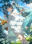  1girl absurdres aqua_eyes aqua_hair basket blue_sky blush bread breasts commentary davo221020 day dress falling_petals feet_out_of_frame flower food hair_between_eyes hair_ribbon hatsune_miku highres long_hair looking_at_viewer open_mouth outdoors petals ribbon sky sleeveless sleeveless_dress small_breasts smile solo sunflower very_long_hair vocaloid white_dress white_ribbon yellow_flower yellow_petals 