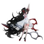  1girl absurdres black_hair character_request closed_mouth coat commentary_request copyright_request danaid_ianad dress from_behind from_side grey_eyes highres horns huge_weapon long_hair looking_at_viewer pencil_dress red_horns scissors short_dress side_slit sidelocks skindentation sleeves_past_fingers sleeves_past_wrists solo thigh_strap thighs weapon white_background white_coat white_dress wide_sleeves 