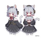  1girl :3 :d absurdres animal_ear_fluff animal_ears black_dress black_hat black_jacket blush cat_ears cat_girl cat_tail closed_mouth colored_inner_hair commentary cropped_legs doll double_horizontal_stripe dress grey_hair hair_intakes hat highres holding holding_doll jacket long_sleeves looking_at_viewer mijo_(2498359894) multicolored_hair multiple_views neck_ribbon open_clothes open_jacket open_mouth pinafore_dress pink_eyes pink_hair pink_ribbon ribbon sailor_collar sayo_(voicevox) shirt short_hair simple_background sleeveless sleeveless_dress sleeves_past_fingers sleeves_past_wrists smile tail twitter_username voicevox white_background white_sailor_collar white_shirt 