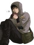  1boy :3 absurdres bag black_eyes black_hair character_doll commentary crossed_arms cry_of_fear dekideki03 doll feet_out_of_frame grey_hoodie highres hood hood_up hoodie hugging_doll hugging_object knees_up looking_at_viewer male_focus short_hair shoulder_bag sidelighting simon_henriksson sitting solo sophie_(cry_of_fear) 