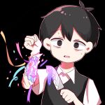  1boy antenna_hair bad_id bad_pixiv_id black_background black_eyes black_hair black_sweater_vest collared_shirt commentary_request confetti double-parted_bangs fang hair_between_eyes highres holding holding_knife hoshidashiki knife looking_at_viewer male_focus omori parted_lips self-harm shirt short_hair short_sleeves simple_background solo streamers sunny_(omori) sweater_vest upper_body white_shirt wrist_cutting yami_kawaii 