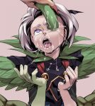  1boy armor baldur_(sekaiju) black_armor bright_pupils brown_background colored_skin commentary_request crying crying_with_eyes_open eye_injury fingernails green_skin grey_hair guro hands_up multicolored_hair open_mouth pauldrons purple_eyes red_hair saliva sekaiju_no_meikyuu sekaiju_no_meikyuu_4 short_hair shoulder_armor simple_background solo_focus streaked_hair suiyoku_no_jukou_(sekaiju) suno_(imydream) tears teeth tongue upper_body white_pupils 