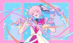 3others :d ^_^ absurdres akiyama_mizuki akiyama_mizuki_(middle_school) bare_arms black_ribbon blue_ribbon closed_eyes coat collared_dress colorful commentary_request cowboy_shot dechel dot_nose dress drill_hair drill_ponytail drill_sidelocks falling_petals fingernails floating_hair hair_ribbon hands_up happy high_side_ponytail highres hodokenu_ashita_ni_te_wo_nobashite_(project_sekai) light_blush long_hair long_sidelocks multiple_others official_alternate_costume open_clothes open_mouth orange_ribbon other_focus petals pink_background pink_dress pink_hair pink_petals pink_ribbon ponytail project_sekai purple_ribbon ribbon side_ponytail sidelocks sleeveless sleeveless_coat sleeveless_dress smile sparkle standing teeth tongue two-tone_ribbon when_you_see_it white_coat white_ribbon 