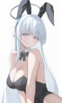  1girl alternate_costume amarylly animal_ear_hairband animal_ears black_bow black_bowtie black_leotard blue_archive blue_eyes blunt_bangs blush bow bowtie breasts breasts_squeezed_together cleavage closed_mouth commentary cowboy_shot detached_collar eyelashes fake_animal_ears from_side hairband halo headgear highres leotard long_hair looking_at_viewer mechanical_halo medium_breasts noa_(blue_archive) playboy_bunny rabbit_ear_hairband rabbit_ears simple_background single_sidelock smile solo straight_hair strapless strapless_leotard very_long_hair white_background white_hair 
