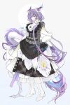  1girl absurdres alternate_costume arknights bity3155660241 black_dress boots breasts chinese_commentary closed_mouth colored_extremities commentary_request commission dragon_girl dragon_horns dragon_tail dress eastern_dragon_horns eastern_dragon_tail frilled_dress frills full_body grey_background high_heel_boots high_heels highres horns jun_(arknights) lace-trimmed_dress lace-up_boots lace_trim layered_dress long_hair long_sleeves looking_at_viewer pointy_ears puffy_long_sleeves puffy_sleeves purple_hair purple_hands simple_background solo standing tail white_boots 