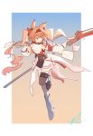  1girl absurdres angelina_(arknights) angelina_the_mellow_wish_(arknights) animal_ear_fluff animal_ears arknights black_collar black_hairband black_thighhighs border brown_hair chinese_commentary collar commentary_request detached_sleeves dress fox_ears fox_girl gradient_background hair_between_eyes hairband highres holding holding_weapon infection_monitor_(arknights) kafuu_(user_nxhg3438) letter long_hair long_sleeves looking_to_the_side object_floating_above_hand open_mouth pleated_dress smile solo standing standing_on_one_leg thighhighs twintails weapon white_border white_dress 