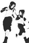  2boys brothers from_below full_body greyscale highres jacket konohagakure_anbu_uniform male_focus monochrome multiple_boys naruto_(series) naruto_shippuuden open-toe_boots pants running short_hair siblings simple_background uchiha_itachi uchiha_sasuke white_background wigfire 
