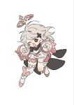  1girl black_eyes black_scarf blush_stickers boots bright_pupils double_v floating_hair flying full_body genshin_impact grey_hair hair_between_eyes hair_ornament halo hands_up highres long_sleeves looking_at_viewer mechanical_halo medium_hair one_eye_closed open_mouth paimon_(genshin_impact) pink_halo puffy_long_sleeves puffy_sleeves romper satou_(satopurin33) scarf simple_background single_thighhigh smile solo star_(symbol) star_hair_ornament thighhighs v white_background white_boots white_pupils white_romper white_thighhighs 